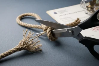 Przecięcie grubej pętli linowej nożyczkami symbolizujące wyjście ze spirali zadłużenia chwilówkami