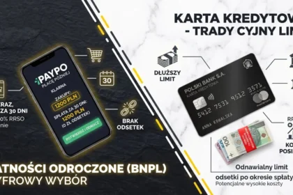 Zestawienie: płatności odroczone a karta kredytowa – smartfon z aplikacją BNPL obok klasycznej karty płatniczej