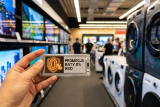 Klient trzymający etykietę raty 0 procent w alei nowoczesnego elektromarketu