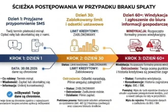 Infografika przedstawiająca ścieżkę postępowania w przypadku braku spłaty zobowiązania w trzech krokach: Dzień 1 – przypomnienie SMS, Dzień 30 – blokada limitu kredytowego i odsetki ustawowe, Dzień 60+ – proces windykacyjny oraz wpis do rejestrów BIK i BIG.