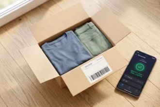 Otwarta paczka e-commerce z etykietą zwrotną i telefonem z aplikacją płatności odroczonej