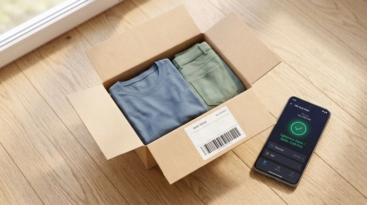Otwarta paczka e-commerce z etykietą zwrotną i telefonem z aplikacją płatności odroczonej