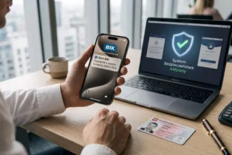 Smartfon z powiadomieniem SMS pokazujący jak działają alerty BIK przy próbie wyłudzenia kredytu