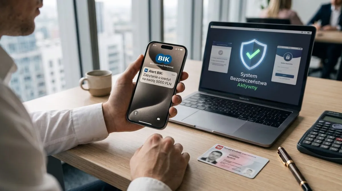 Smartfon z powiadomieniem SMS pokazujący jak działają alerty BIK przy próbie wyłudzenia kredytu