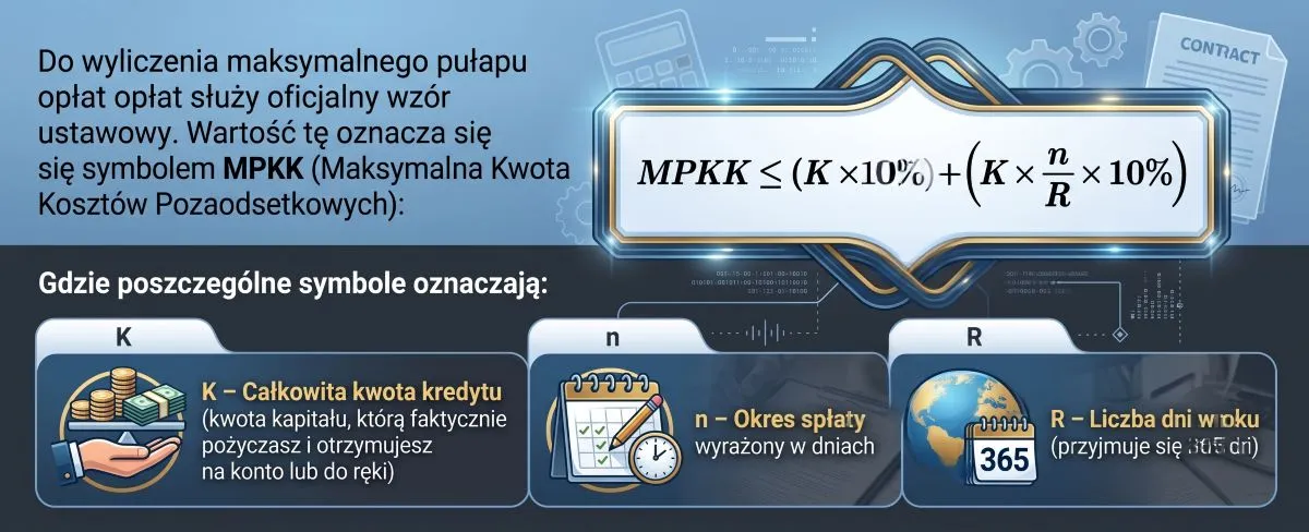 Maksymalne koszty pozaodsetkowe – wzór MPKK i objaśnienie symboli Wzór na maksymalne koszty pozaodsetkowe kredytu konsumenckiego z art 36a ustawy antylichwiarskiej