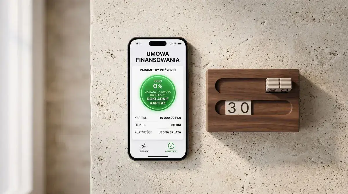 Pierwsza pożyczka za 0 zł – smartfon z potwierdzeniem darmowej pożyczki i kalendarz spłaty