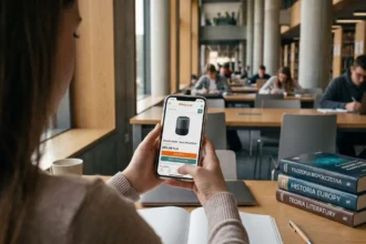 Młody student sprawdzający w telefonie płatności odroczone bez dochodu w sklepie internetowym