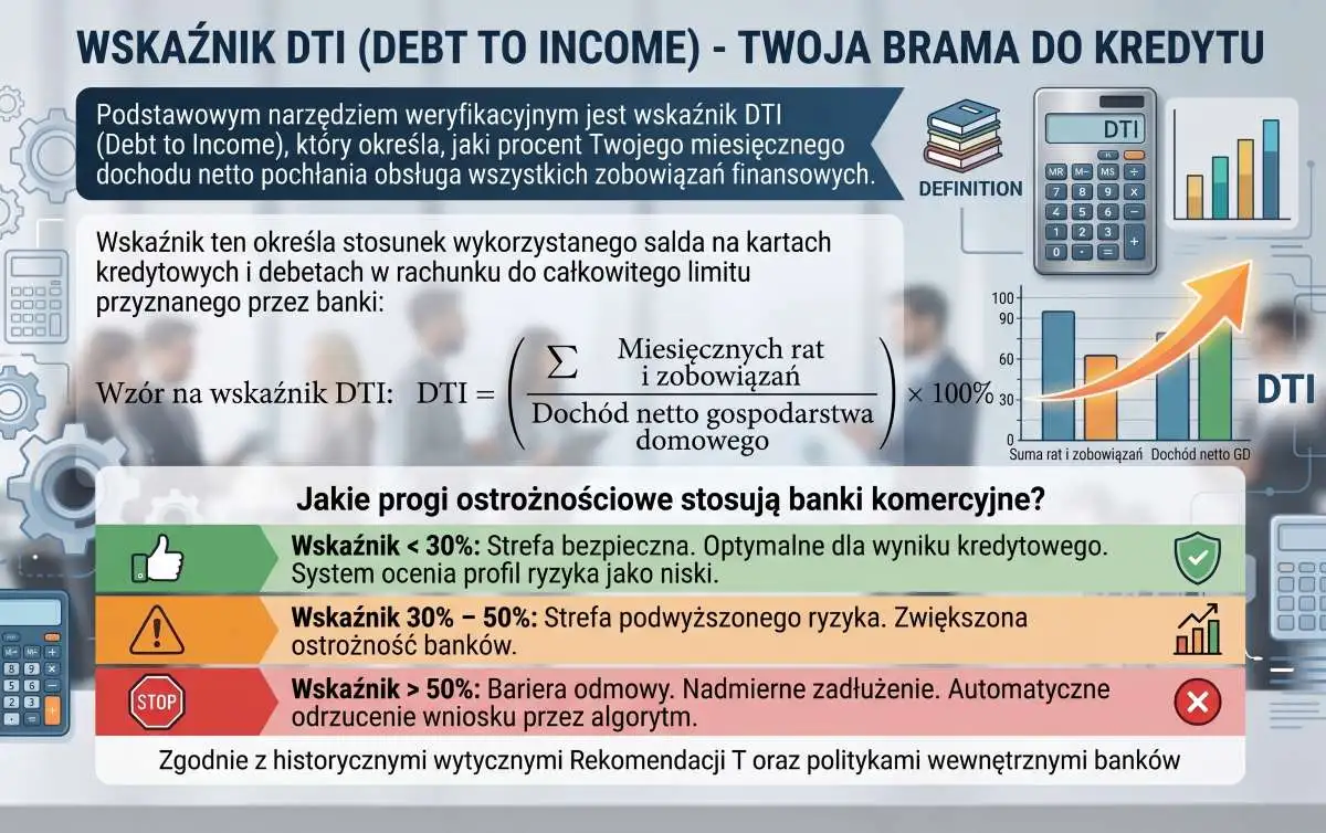 Wskaźnik DTI wzór, definicja i progi ostrożnościowe Rekomendacji T Wskaźnik DTI wzór matematyczny i progi ostrożnościowe banków komercyjnych do oceny zdolności kredytowej