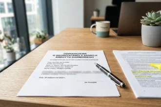 Wypełniony dokument zwrot prowizji bankowej wcześniejsza spłata wzór wniosku leżący obok umowy pożyczki gotówkowej