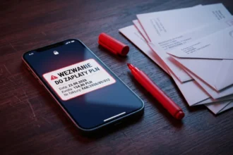 Smartfon z powiadomieniem przypominającym o braku spłaty PayPo co grozi odsetkami karnymi