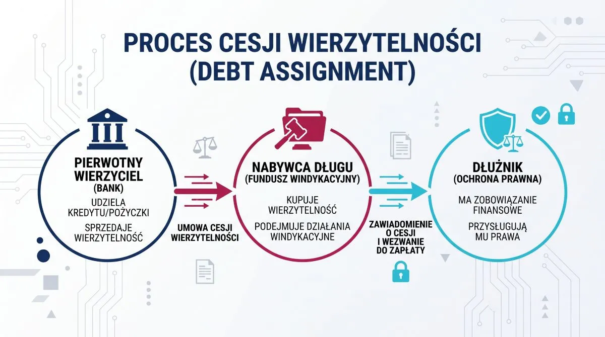 Mechanizm cesji długu infografika Schemat trójstronny prezentujący mechanizm cesji wierzytelności pomiędzy bankiem, funduszem a dłużnikiem