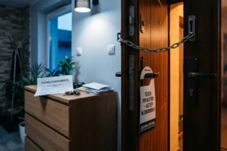 Zamknięte drzwi wejściowe z łańcuchem bezpieczeństwa i tabliczką mir domowy symbolizujące prawa dłużnika