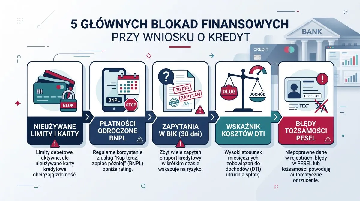 Wykres kafelkowy przedstawiający 5 ukrytych przyczyn odrzucenia wniosku kredytowego przez bank