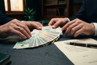 Przekazanie banknotów w walucie PLN nad biurkiem obok podpisywanego dokumentu pokwitowania odbioru gotówki