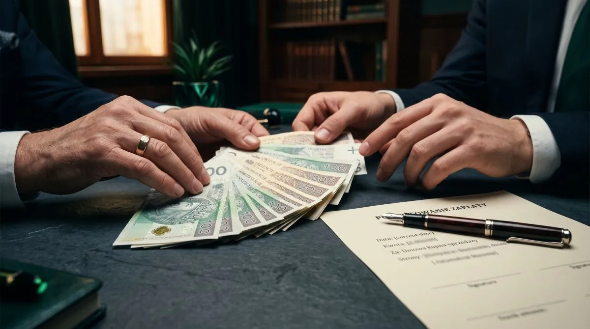 Przekazanie banknotów w walucie PLN nad biurkiem obok podpisywanego dokumentu pokwitowania odbioru gotówki