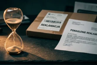 Przekroczenie terminu na reklamację symbolizowane przez zegar z odliczaniem oraz dokument ponaglenia reklamacji