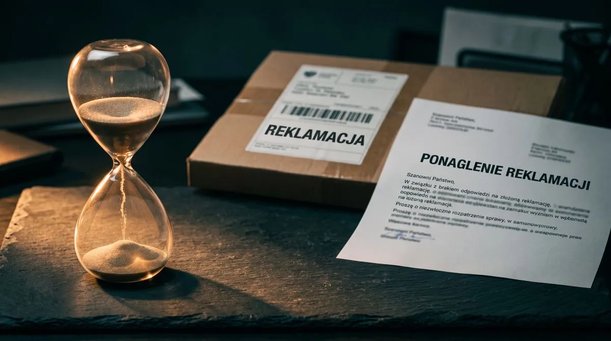 Przekroczenie terminu na reklamację symbolizowane przez zegar z odliczaniem oraz dokument ponaglenia reklamacji