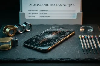 Pęknięty ekran nowoczesnego smartfona na stole warsztatowym obok formularza reklamacji konsumenckiej