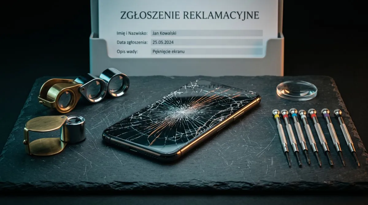 Pęknięty ekran nowoczesnego smartfona na stole warsztatowym obok formularza reklamacji konsumenckiej