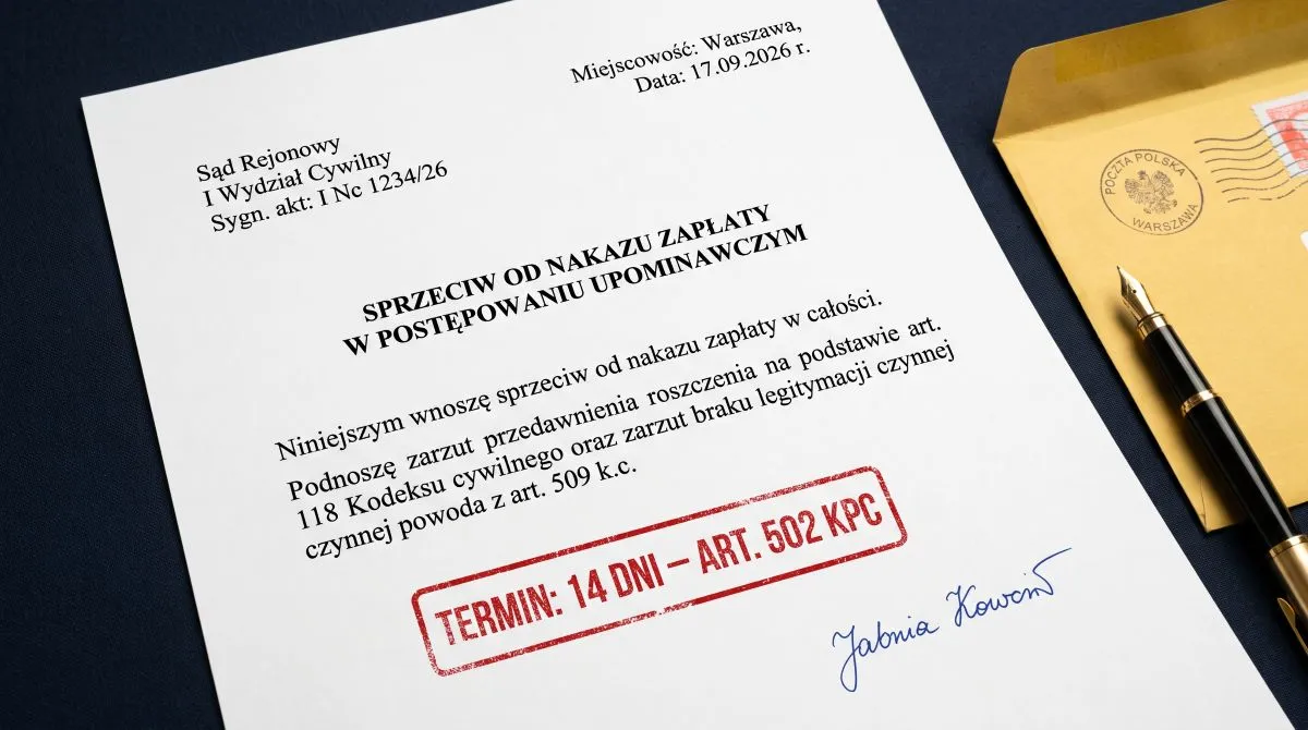 Formularz prawny sprzeciw od nakazu zapłaty z pieczęcią sądu i stemplem termin 14 dni