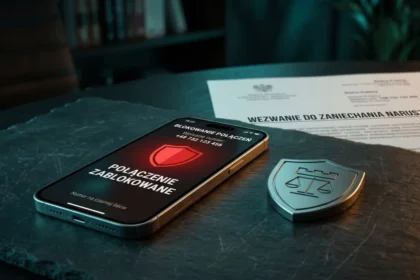 Przekreślony symbol natarczywych połączeń telefonicznych windykacji obok oficjalnego dokumentu prawnego