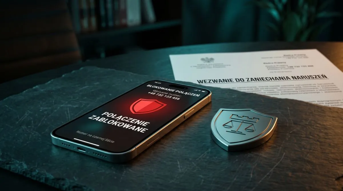 Przekreślony symbol natarczywych połączeń telefonicznych windykacji obok oficjalnego dokumentu prawnego