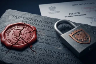 Czerwona pieczęć urzędowa klauzuli wykonalności przekreślona symbolem blokady egzekucji komorniczej