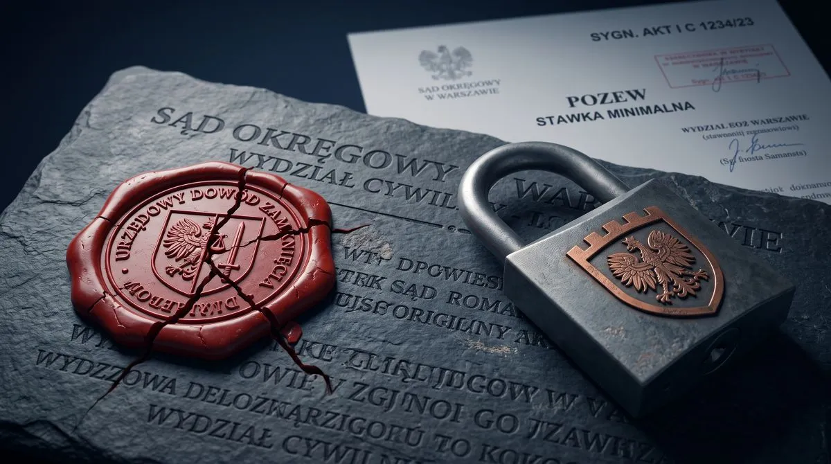 Czerwona pieczęć urzędowa klauzuli wykonalności przekreślona symbolem blokady egzekucji komorniczej