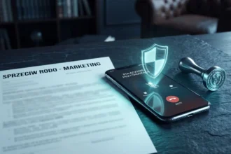 Przekreślona słuchawka telemarketingu i symbol tarczy prywatności RODO obok podpisanego wniosku