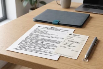 Formularz wykreślenie z rejestru dłużników KRD wzór pisma leżący na biurku obok potwierdzenia przelewu bankowego