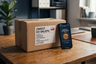 Smartfon z otwartą aplikacją płatności odroczonej obok zapakowanej paczki zwrotnej z etykietą kurierską