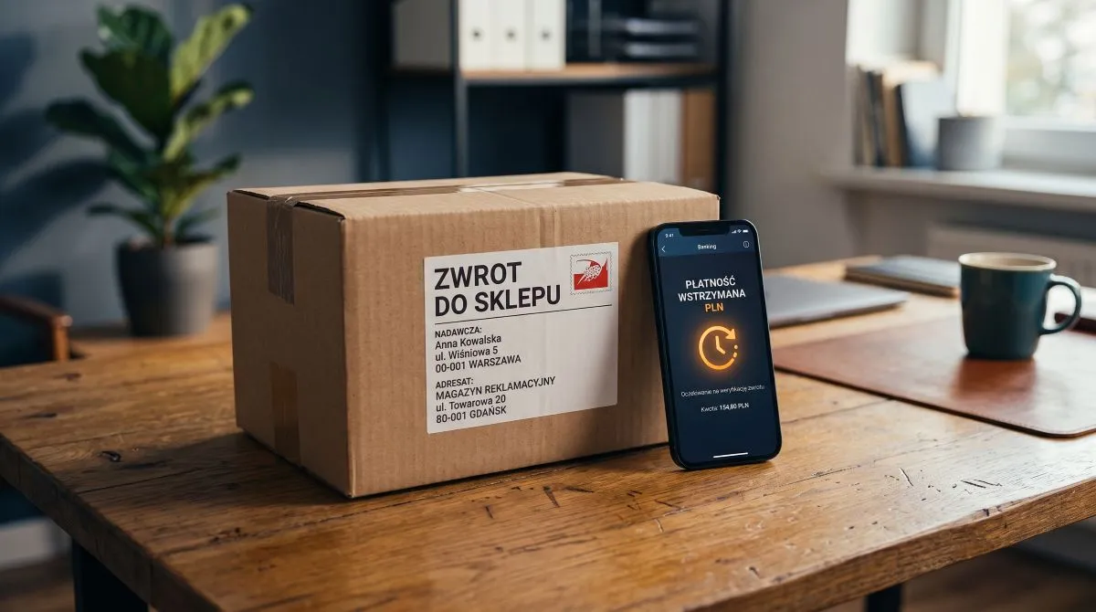 Smartfon z otwartą aplikacją płatności odroczonej obok zapakowanej paczki zwrotnej z etykietą kurierską